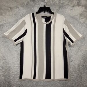 Magaschoni Mens Striped Knit Shirt Crew Neck Short Sleeve‎ Ivory Black Gray L/G
